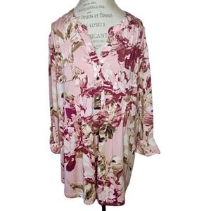 Cocomo Woman 3X Pink Pleated Blouse Roll Tab Sleeve V Neck Boho Tunic Top Floral